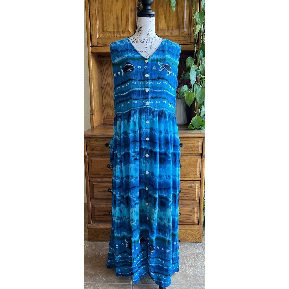 Vintage Bila Blue Tie Dye Fish Print Rayon Button Front Maxi Dress Womens Medium